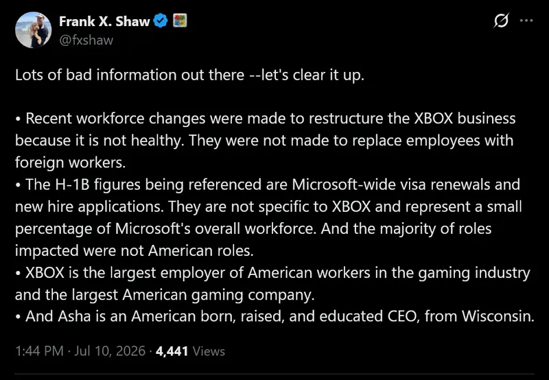 图片[2]-微软Xbox裁员风波：官方否认以H-1B签证取代美国员工-ModFans