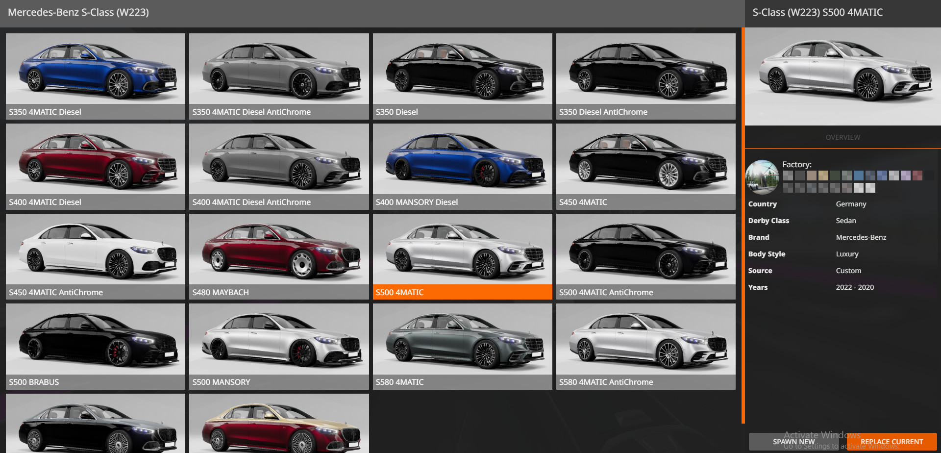 BeamNG.Drive 奔驰s级 W223 2022 (18配置 498MB)_Modfans